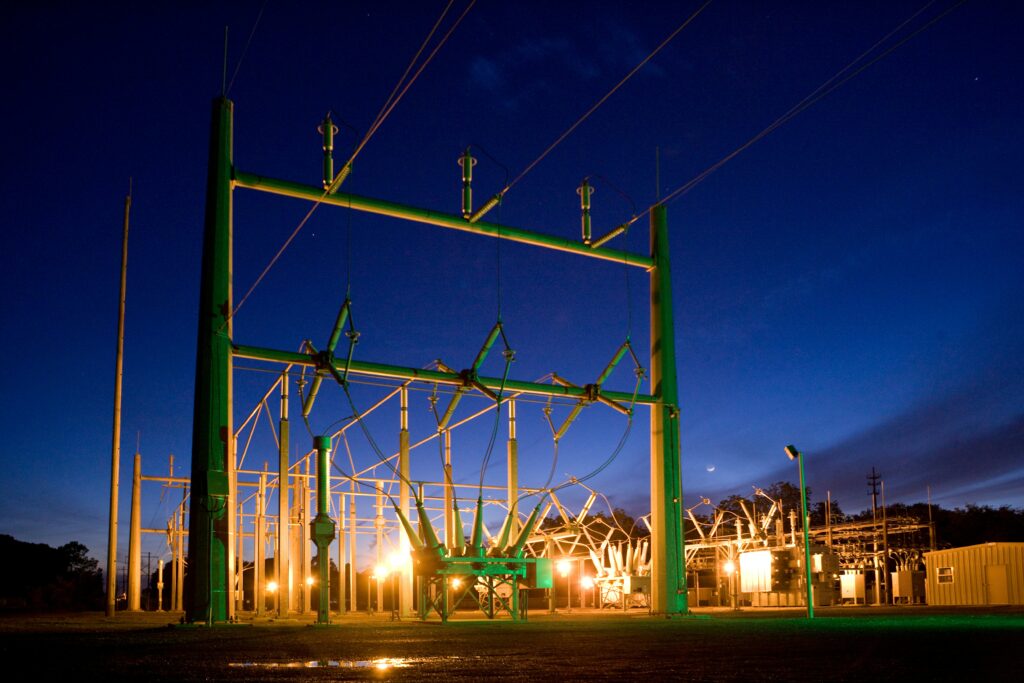substation at night illuminated by light