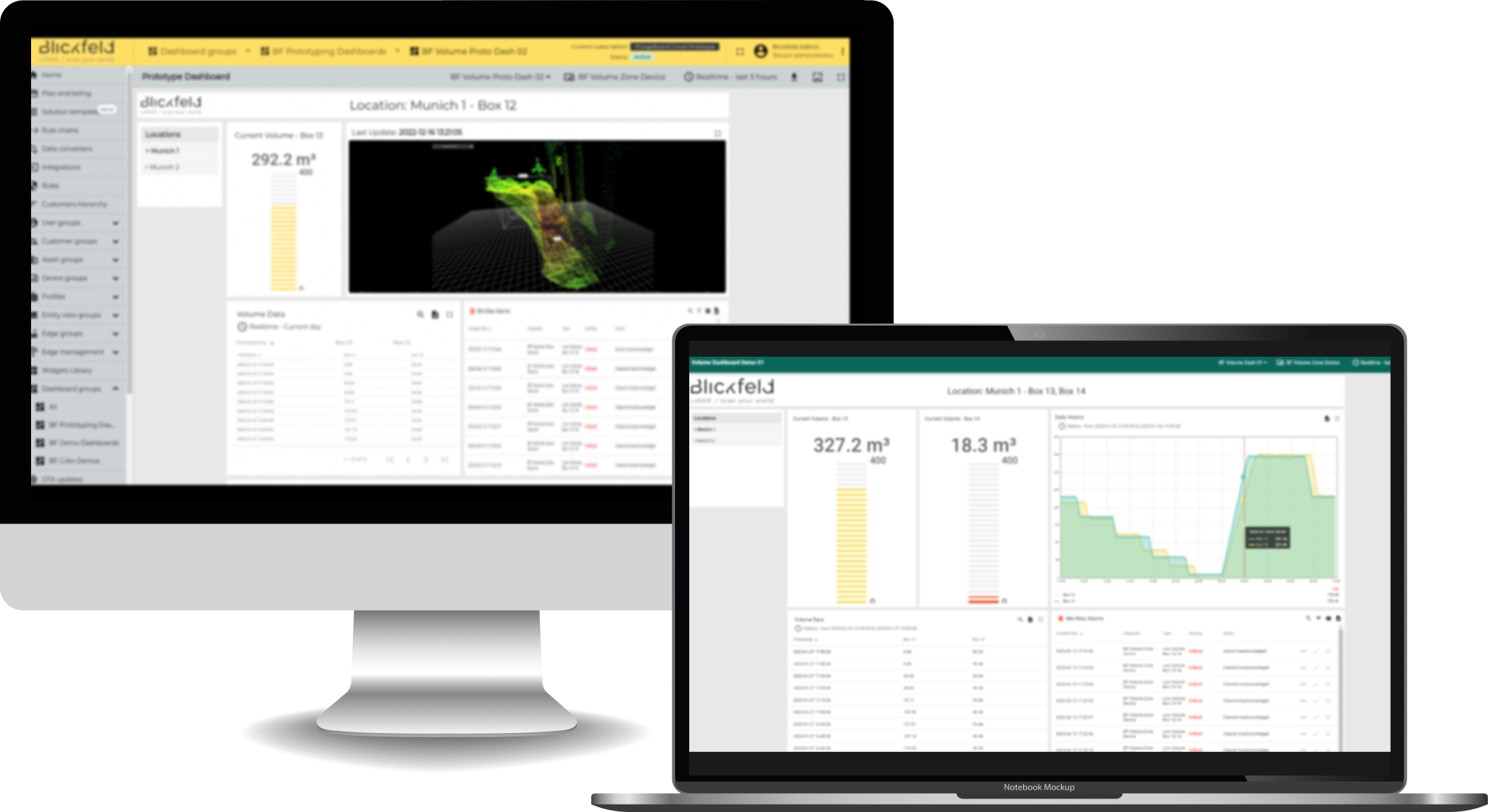 Visualization of a Blickfeld volume monitoring customer dashboard displaying current fill levels and historical stockpile inventory data for efficient bulk material management.