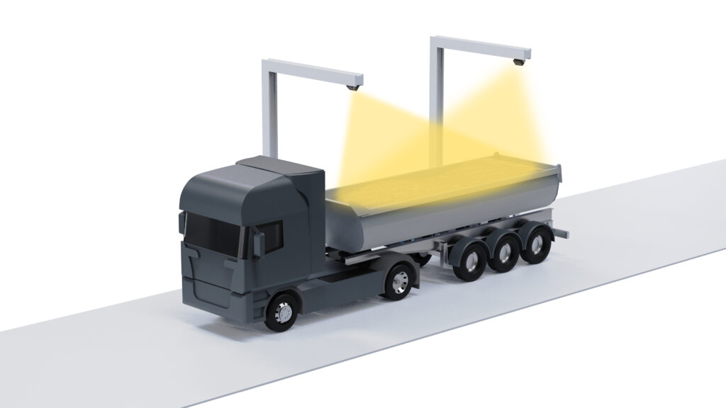 Rendering of Blickfeld’s 3D LiDAR-based truck load volume monitoring system scanning a dump truck for accurate, contactless bulk material measurement.