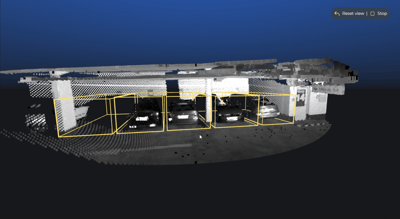 3D point cloud visualization showing a person approaching and entering a virtual security zone surrounding a parked vehicle, with the person and vehicle represented by clusters of colored points in a defined monitored area.